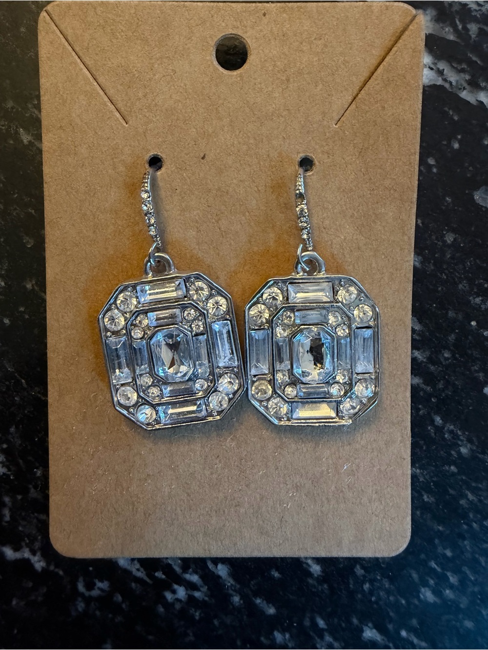 Silver Crystal Octagon Drop Earrings - Elegant Sparkle